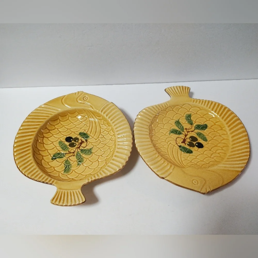 2 Vintage POTERIE du JABRON French Pottery Mustard Yellow Olive Fish Platter 10”
